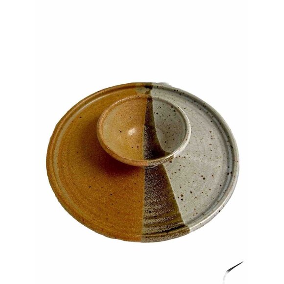 Vintage Glazed Stoneware Pottery Chip Veggie Dip tray dish bowl brown art craft - Picture 2 of 10